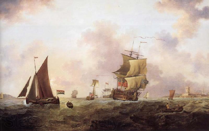 Francis Swaine A two-decker of the Royal Navy and other shipping off St.Peter Port Norge oil painting art